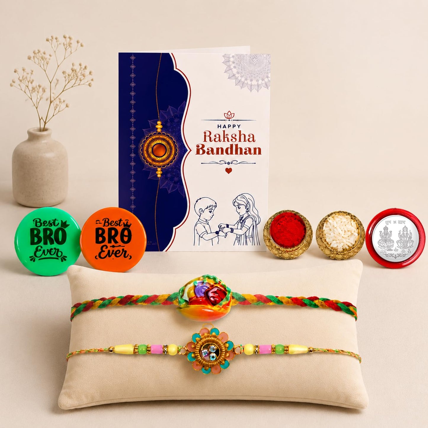 Multicolor Rakhi Sweet, Flower & Multicolour Decorative Magnets 2pcs with Roli