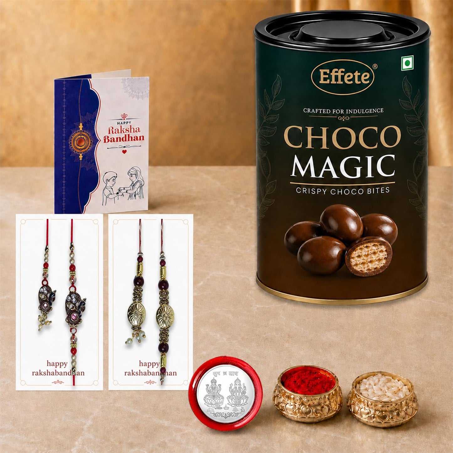 Designer Rakhi for Brother with Choco Magic 96gm, Roli Tikka, Pack of 6 | Vibrant