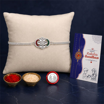 Oval Rakhi for Brother with Roli Tikka, Pooja Coin & Greeting Card, Pack of 4