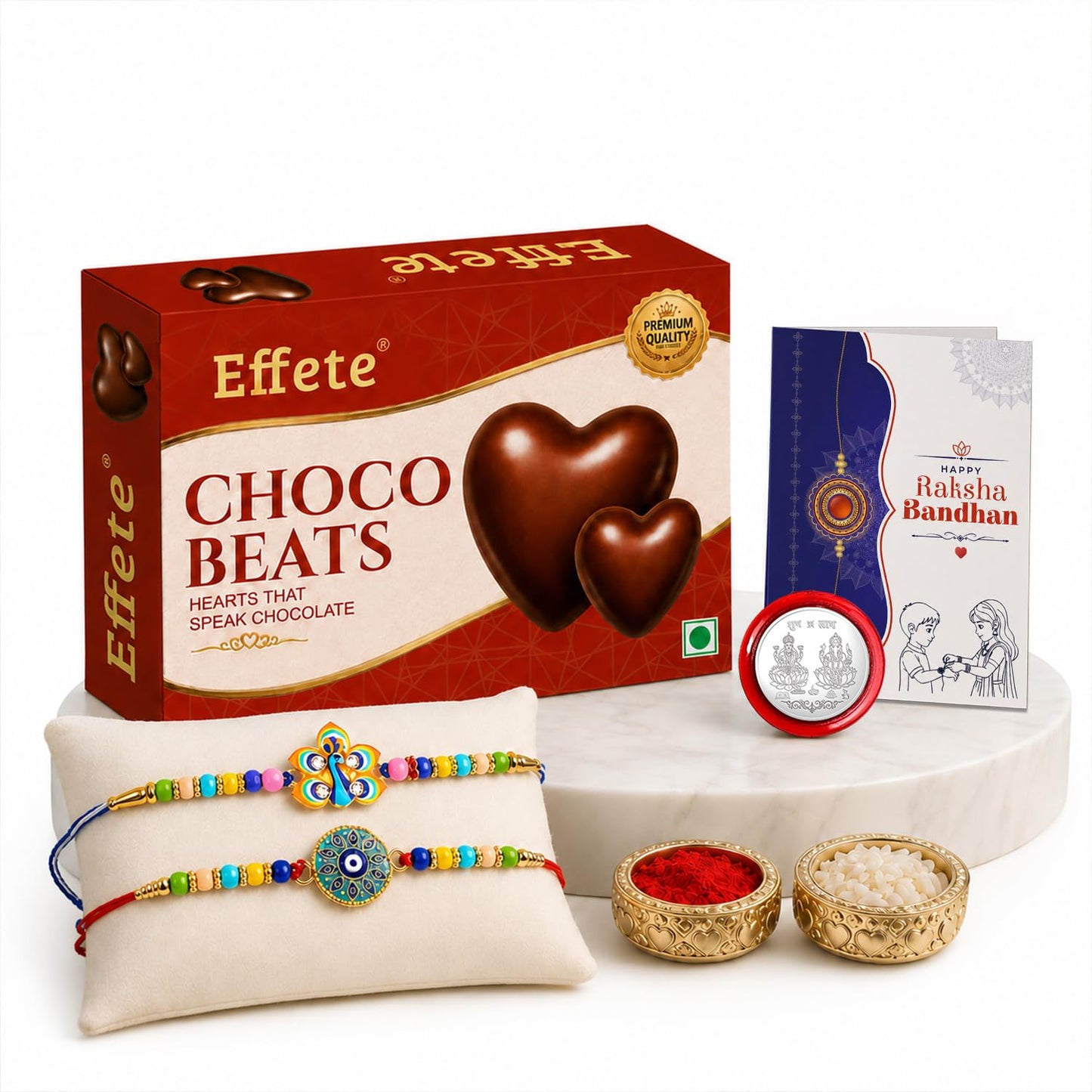 Multicolor Peacock, Evil Eye Rakhi & Chocolate Beats 32gm with Roli Chawal, Silver Color Pooja Coin & Greeting Card, Fancy Rakhis for men stylish, Rakshbandhan Combo, Pack of 6 For Raksha Bandhan