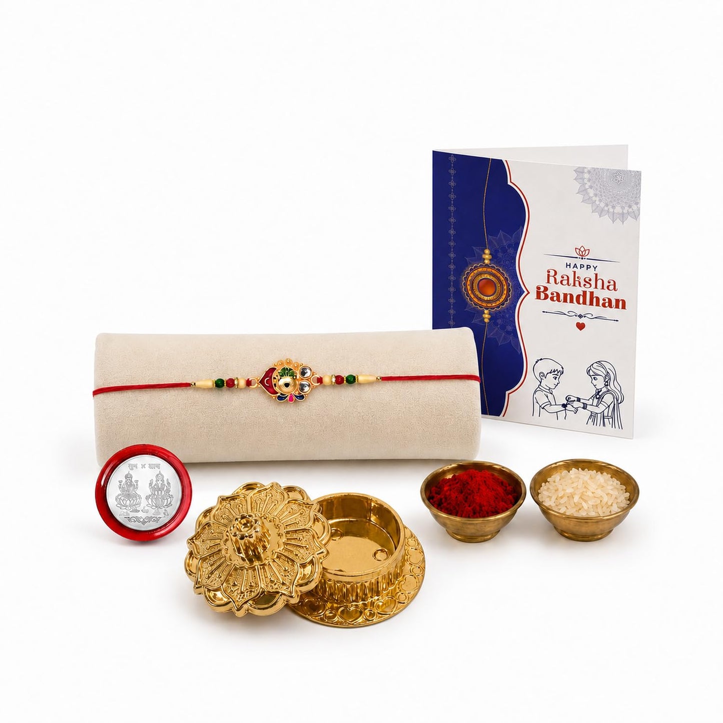 Round Multicolor Rakhi for Brother & Bhaiya with Golden Pooja | Pack of 5
