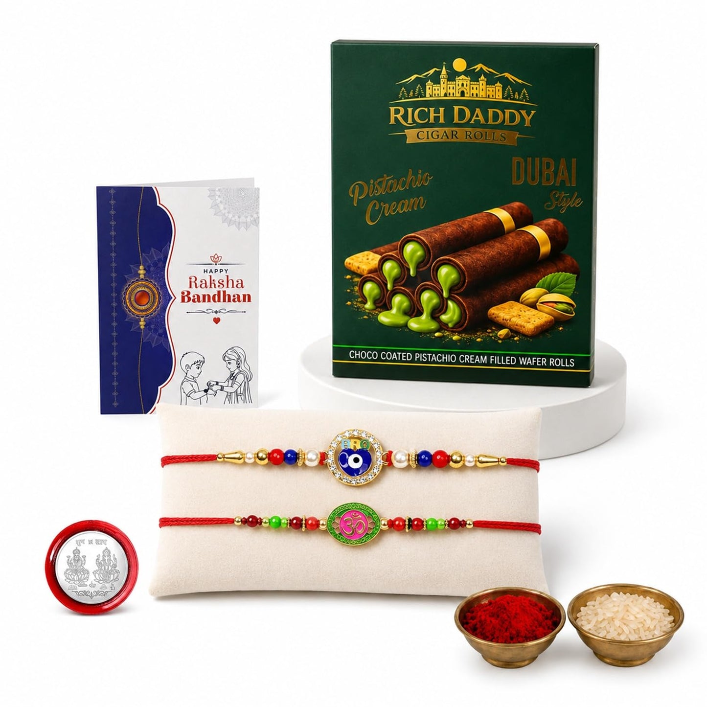 Evil Eye, Om Multicolor Rakhi – Pistachio Cream Wafer Roll Gift Combo (Pack of 6) For Raksha Bandhan