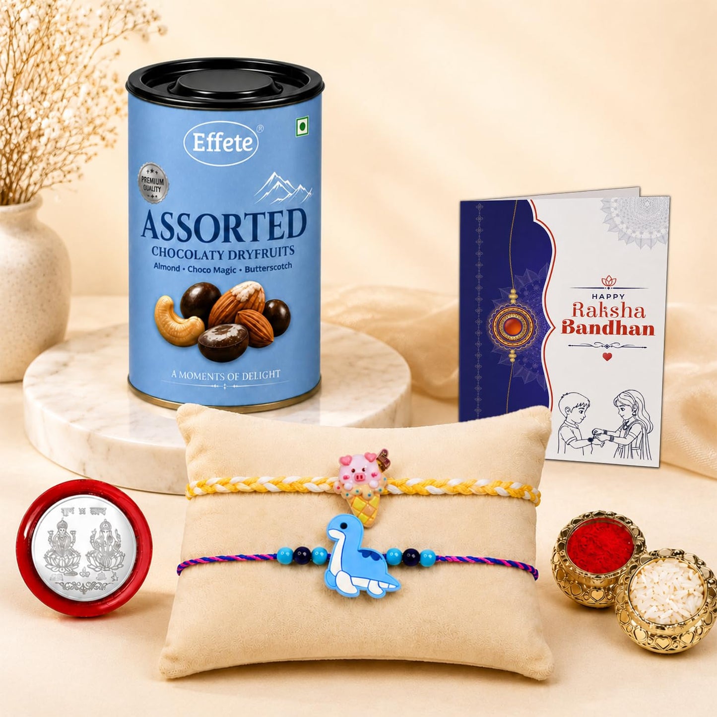 Dinosaur Rakhi for Brother with Choco Dryfruits 96gm, Coin & Card, Pack of 6