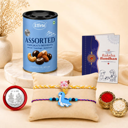 Dinosaur Rakhi for Brother with Choco Dryfruits 96gm, Coin & Card, Pack of 6