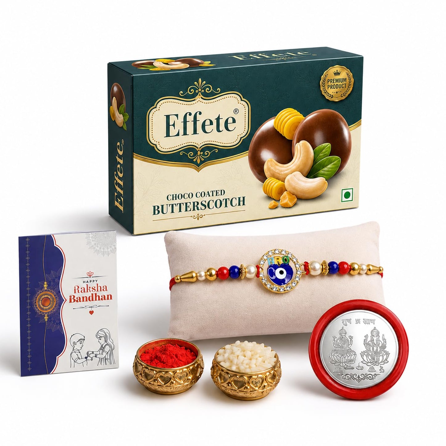Evil Eye Rakhi for Brother with Butter Scotch 32gm, Roli Tikka & Card, Pack of 5