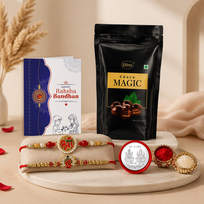 Om charm Rakhi for Brother with Choco Magic Pouch, Roli Tikka & Card, Pack of 6