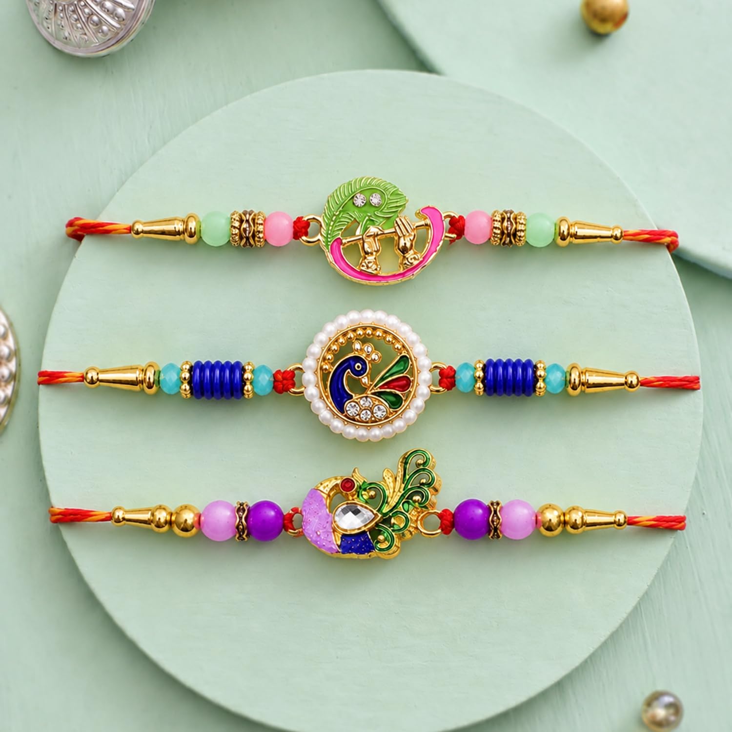 Designer Stylish Multicolor Krishna Rakhi for Brother with Roli Tikka, Pack of 6