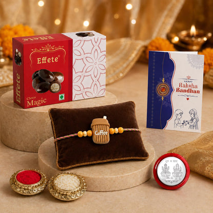 Coffee Mug Rakhi for Brother with Choco Magic 32gm, Roli Chawal & Card, Pack of 5