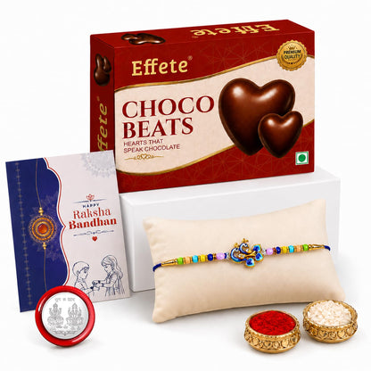 Peacock Rakhi for Brother with Chocolate Beats 32gm, Roli Tikka & Card, Pack of 5