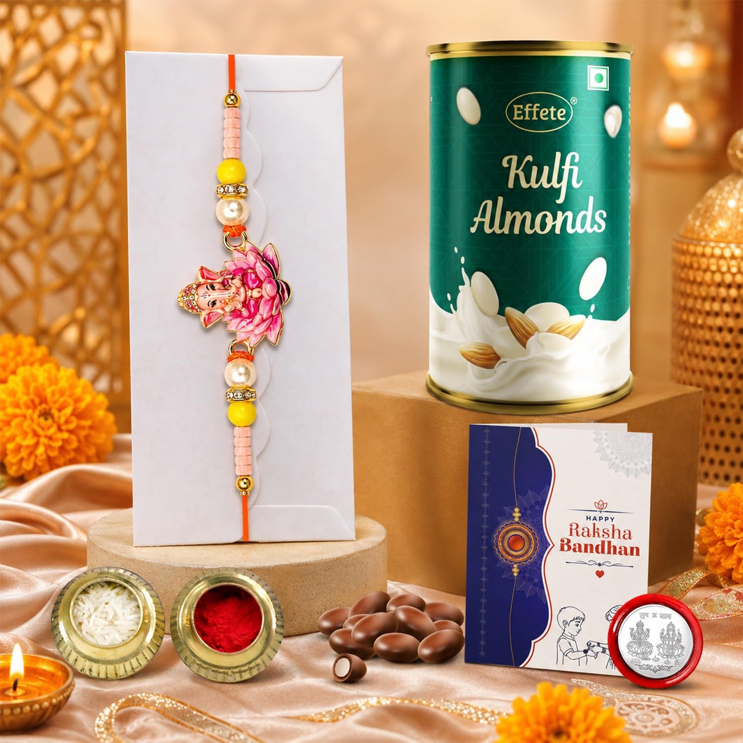 Designer Rakhi for Brother with Kulfi Almonds 96gm, Coin & Card - Pack of 5