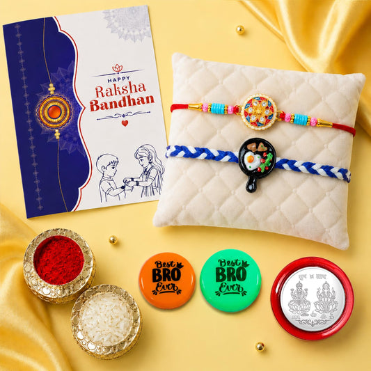 Multicolor Frying Pan, Colorful Rakhi & Decorative Magnets 2pcs with Roli Chawal, Silver Color Coin & Greeting Card, Fancy Rakhi for Brother, Online Rakhi Combo, Pack of 7 For Raksha Bandhan