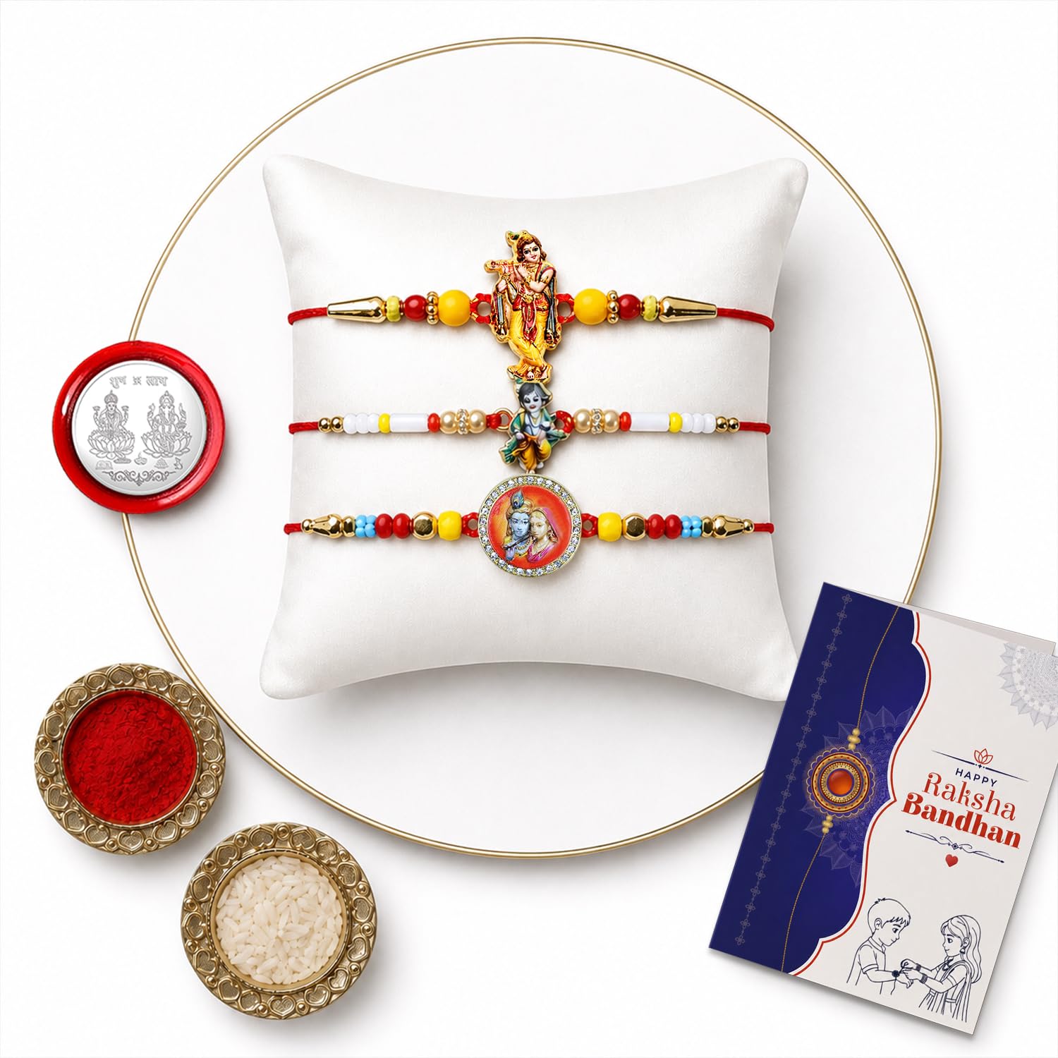 Krishna Beads Rakhi for Brother with Tilak Set & Greeting Card, Rakhi Set (V10)