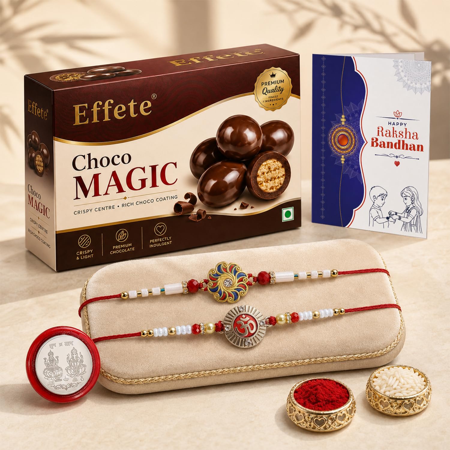 Designer Rakhi for Brother with Choco Magic 96gm, Roli Tikka, Pack of 6 | Classic