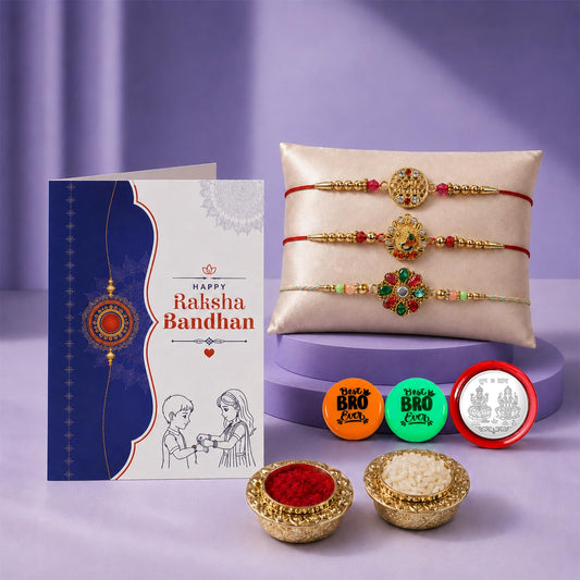 Multicolor Rakhi Combo with Charm,Peacock,Kundan Multicolour Decorative Magnets 2pcs, Roli Chawal, Silver Color Coin & Greeting Card | Rakhi with Gift | Rakhi Brother | Pack of 8 | For Raksha Bandhan