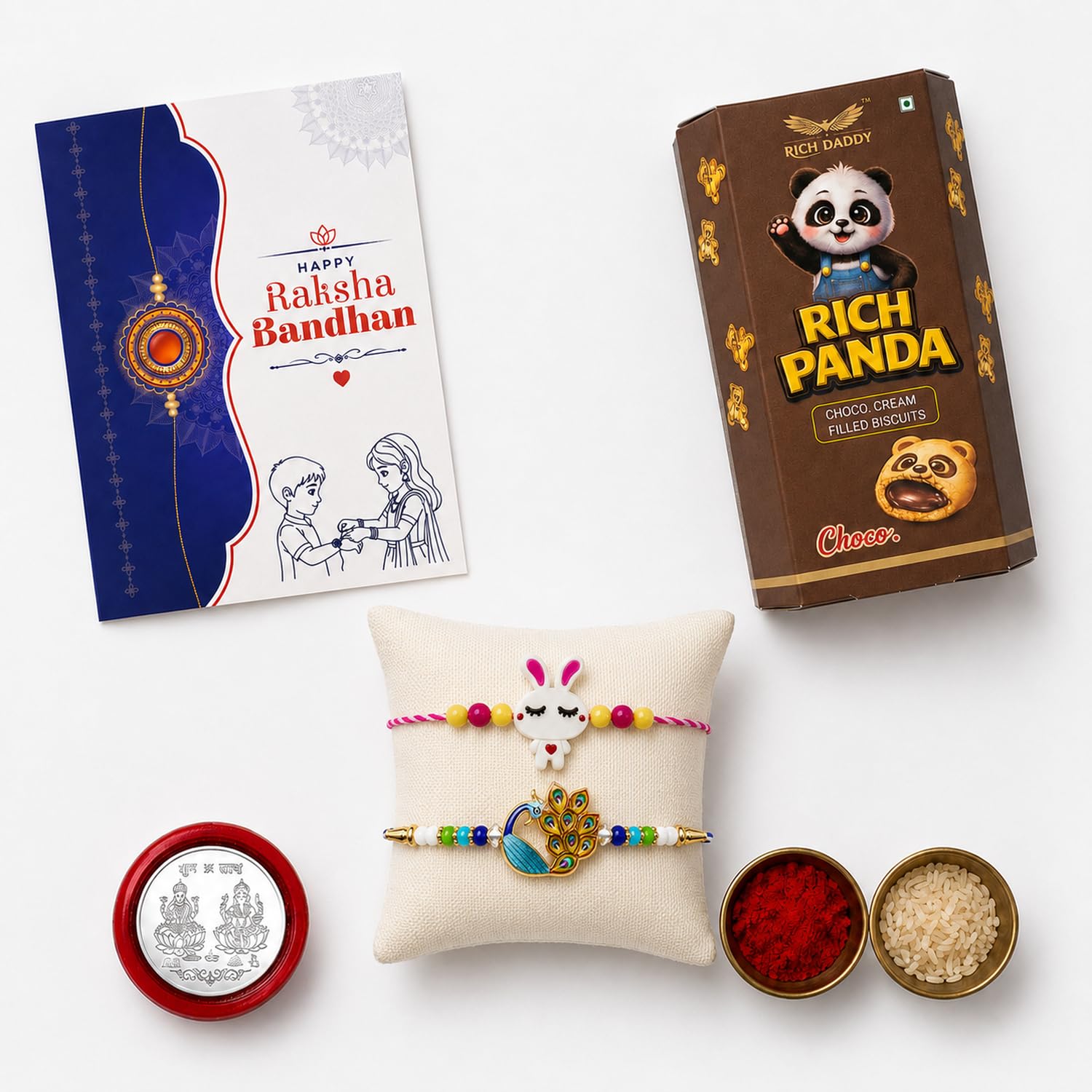 Peacock Rakhi for Brother with Choco Cream Biscuit 60gm, Coin & Card, Pack of 6