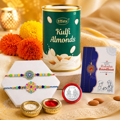 Ritual Essentials Multicolor Rakhi for Brother with Kulfi Almonds 96gm, Pack of 6