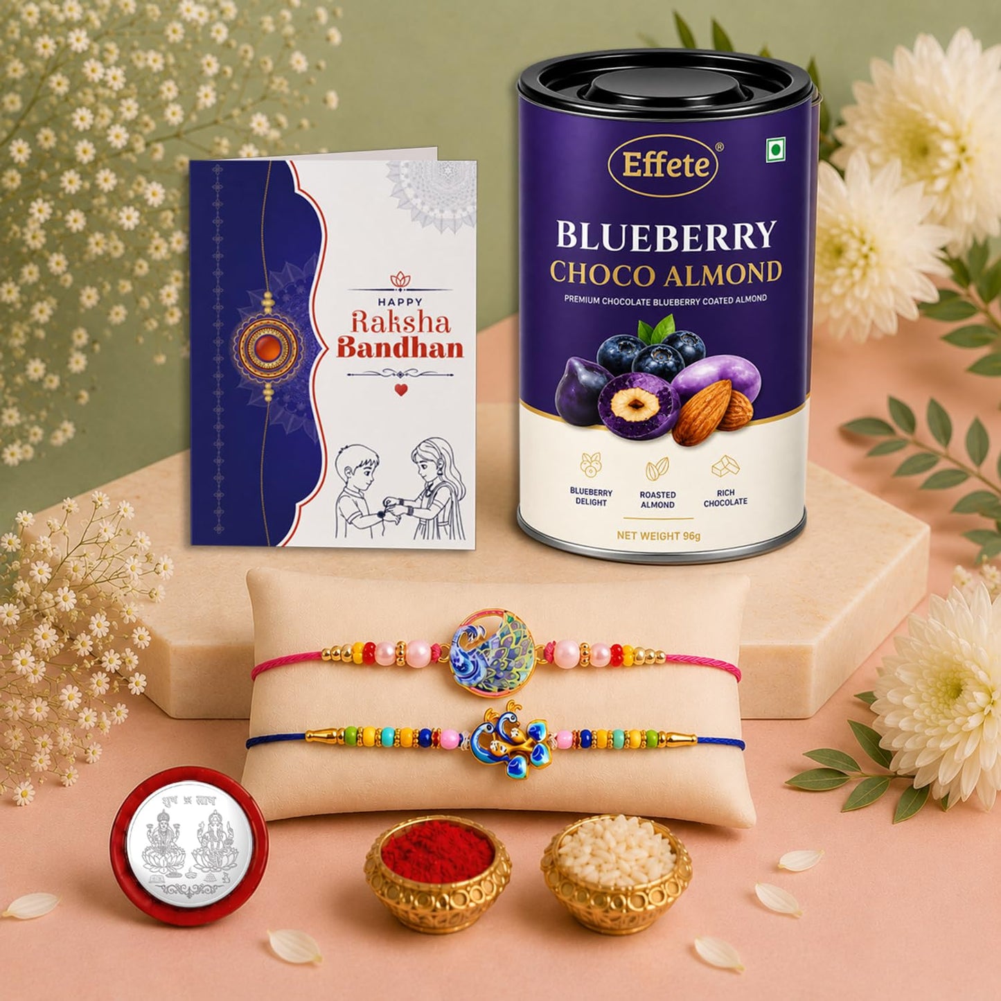 Rakhi Set for Brother (Set of 6) – Peacock & Round Shape Rakhi Combo with Chocolate, Roli Chawal, Silver Color Pooja Coin & Greeting Card – Raksha Bandhan Gift Hamper (K2_1020+1051_BA96)