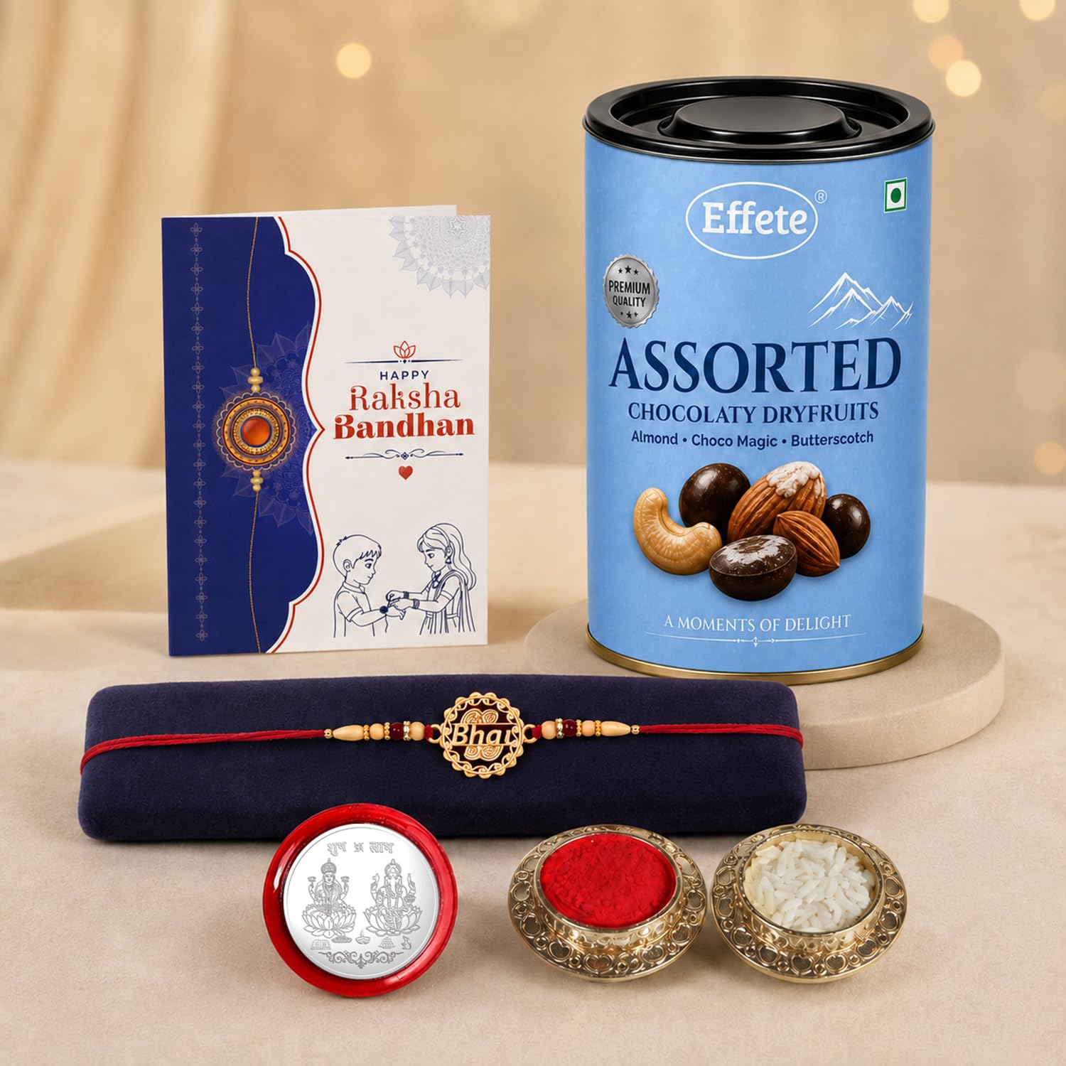 Bhai Rakhi for Brother with Choco Dryfruits 96gm, Roli Tikka & Card, Pack of 5