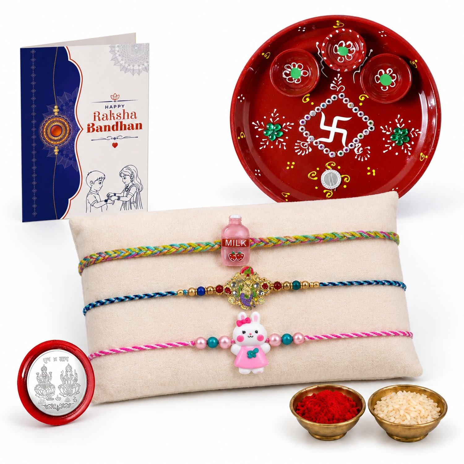 Krishna, Milk Bottle, Bunny Multicolor Rakhi for Brother & Bhaiya | Pack of 7