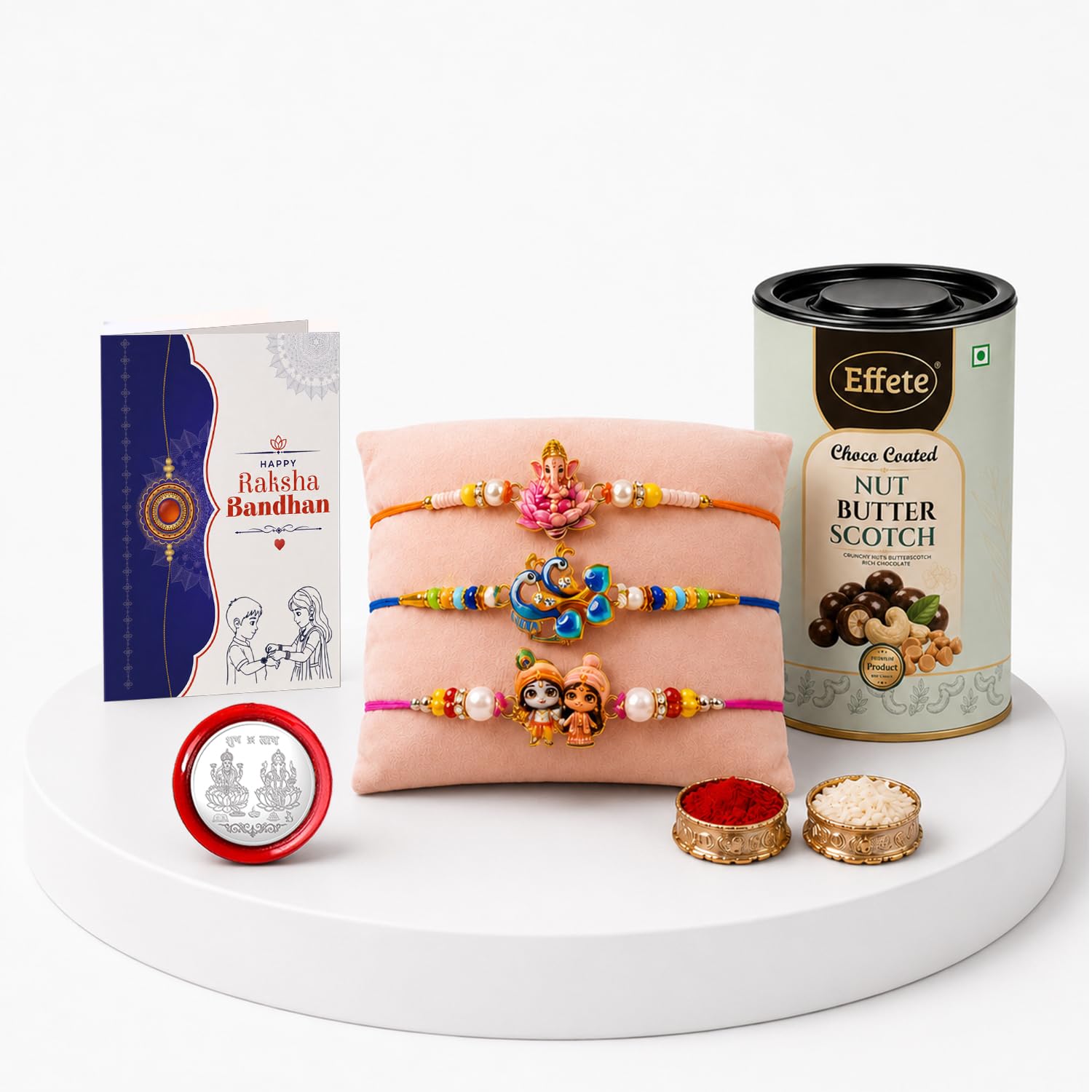 Ganesha, Peacock Rakhi Combo - Raksha Bandhan Gift with Choco Butterscotch 96gm, Pack of 7
