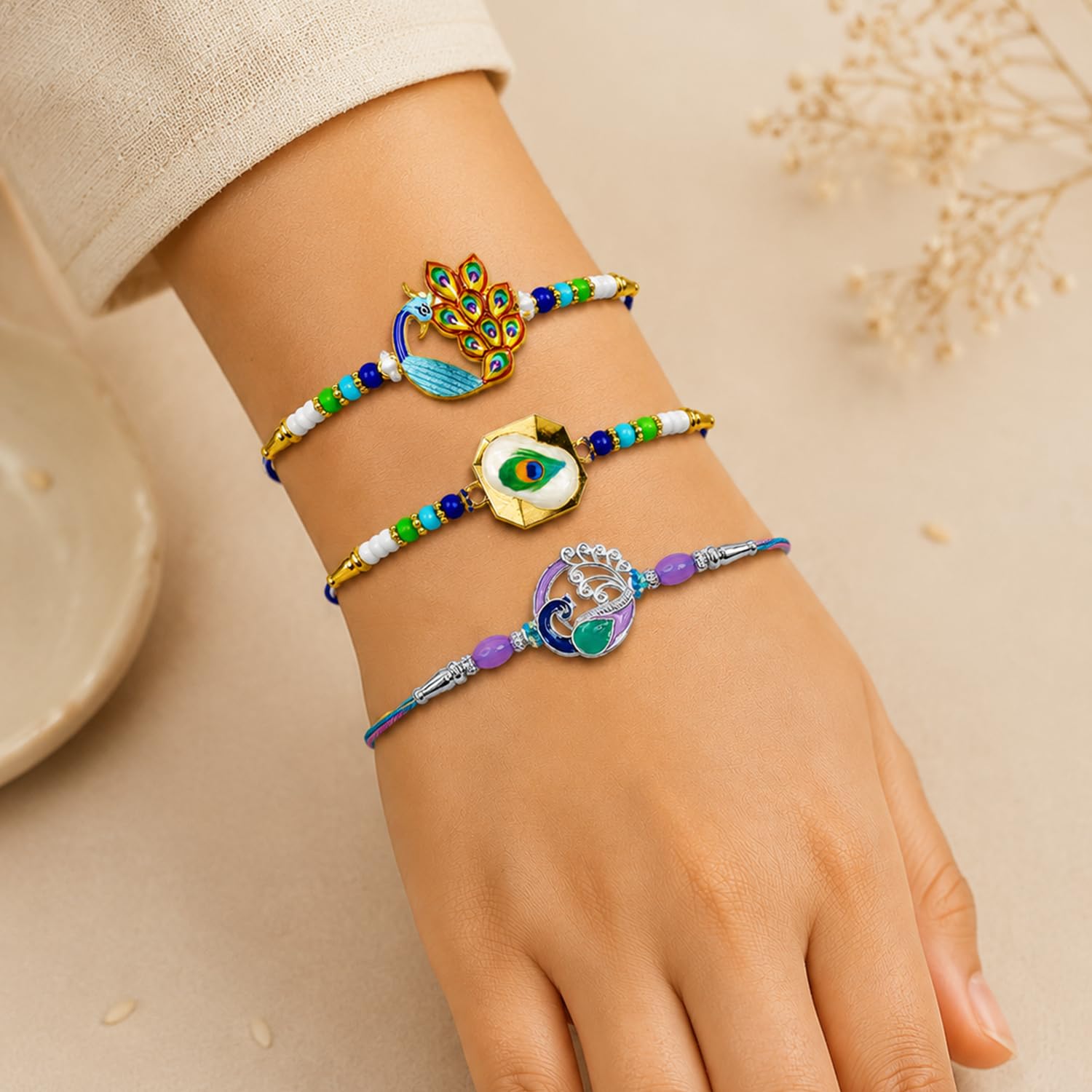 Designer Auspicious Multicolor Rakhi for Brother with Roli Tikka, Pack of 6