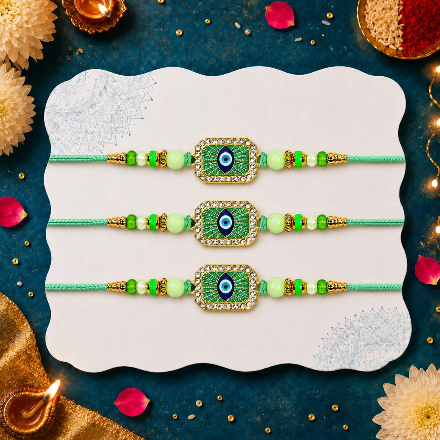 Designer Elegant Handcrafted Rakhi for Brother with Roli Tikka & Card | Pack of 3