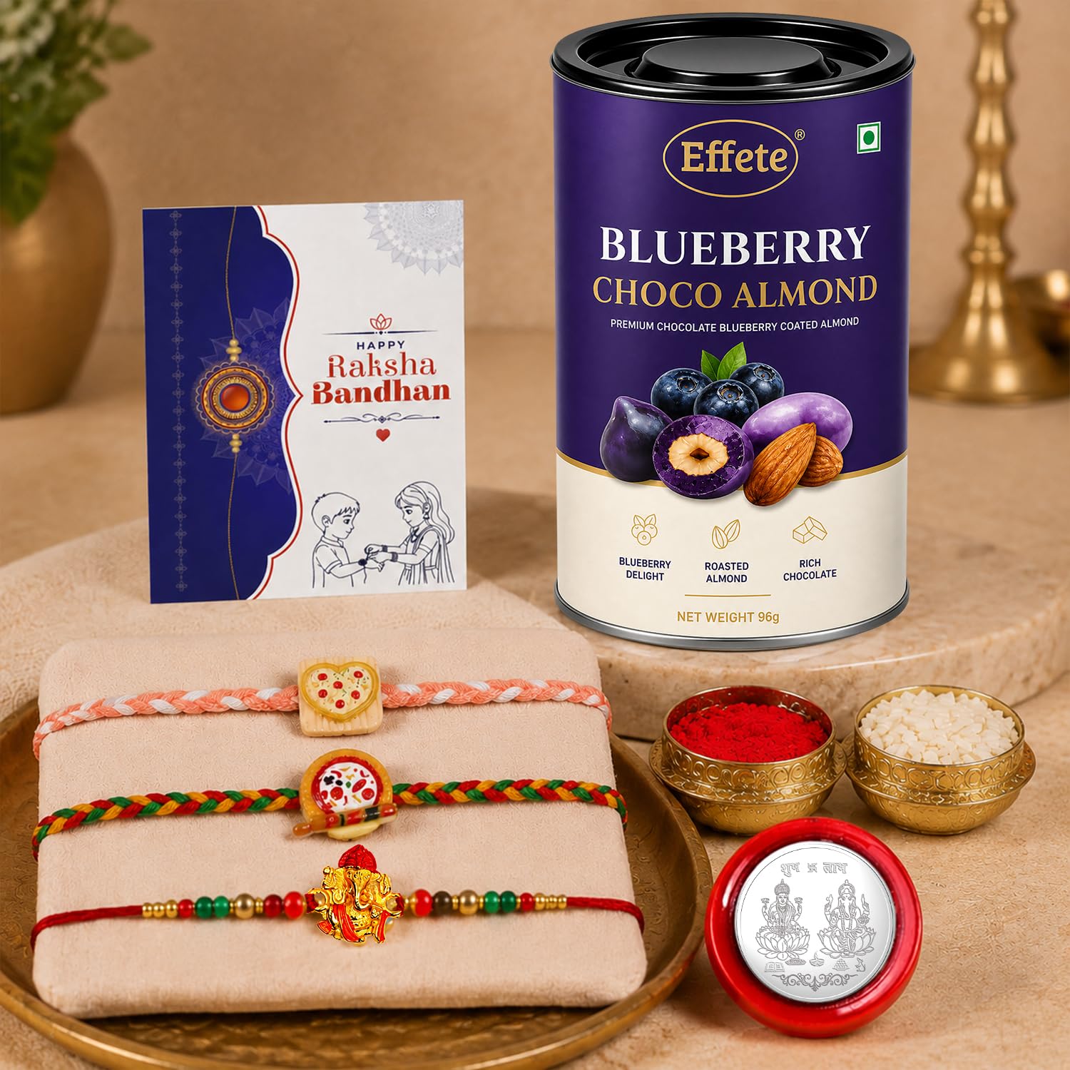 Heart-shaped Rakhi for Brother with Blueberry Almond 96gm, Roli Tikka | Pack of 7