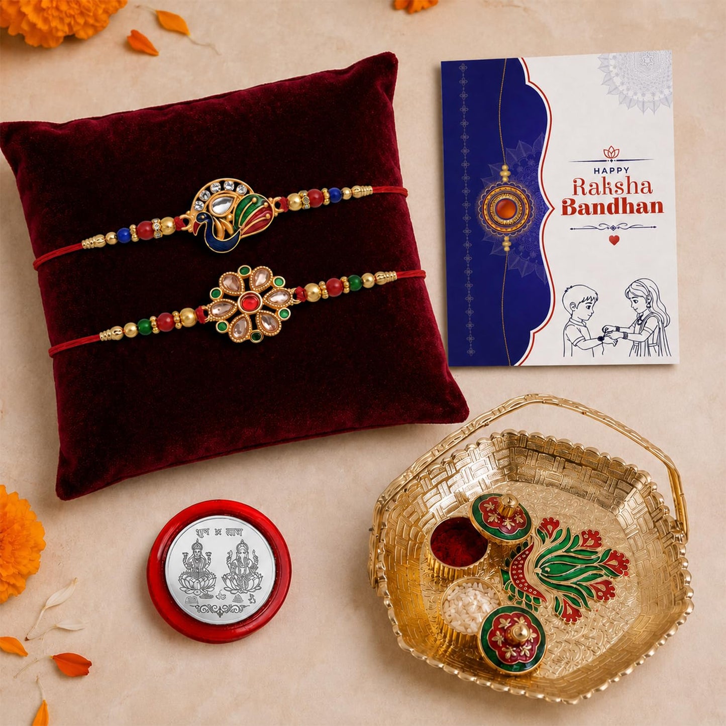 Multicolor Rakhi for Brother & Bhaiya with Basket-Topli Pooja Thali | Pack of 6