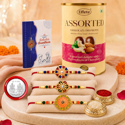 Round Rakhi for Brother with Emperor Choco, Roli Tikka & Greeting Card, Pack of 7