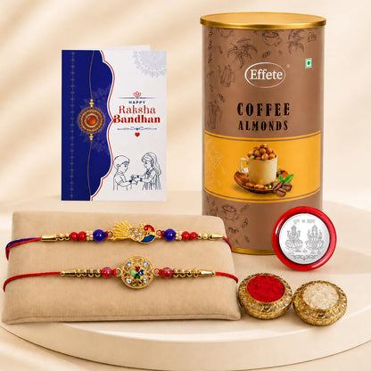 Peacock, Kundan Multicolor Rakhi & Coffee Almond 96gm with Roli Chawal, Silver Color Pooja Coin & Greeting Card, Rakshbandhan Combo, Rakhi & Chocolate, Pack of 6 For Raksha Bandhan