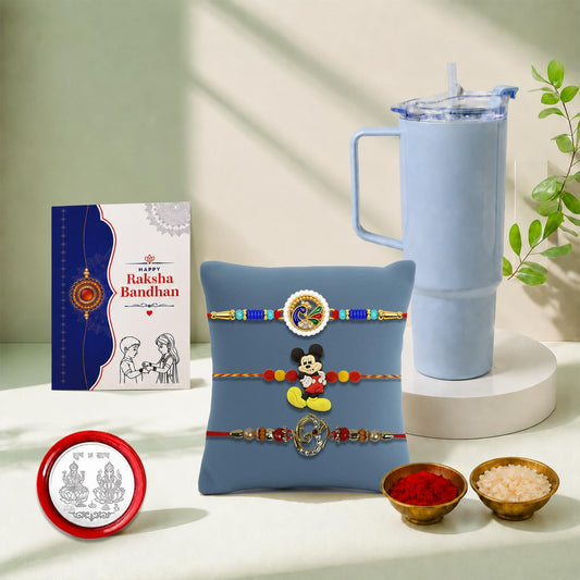 Peacock, OM, Mickey Mouse Rakhi Combo - Raksha Bandhan Gift with Travel Tumbler 1800ml