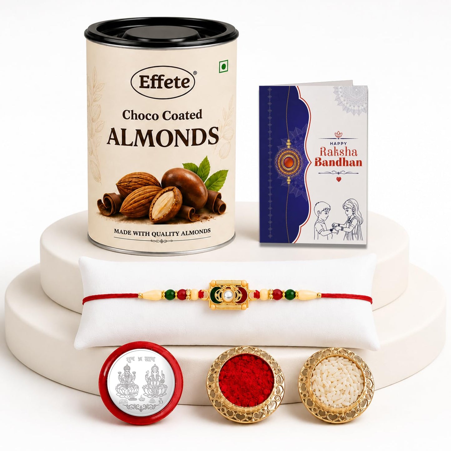 Rectangle Rakhi for Brother with Choco Almonds 96gm, Roli Tikka & Card, Pack of 5