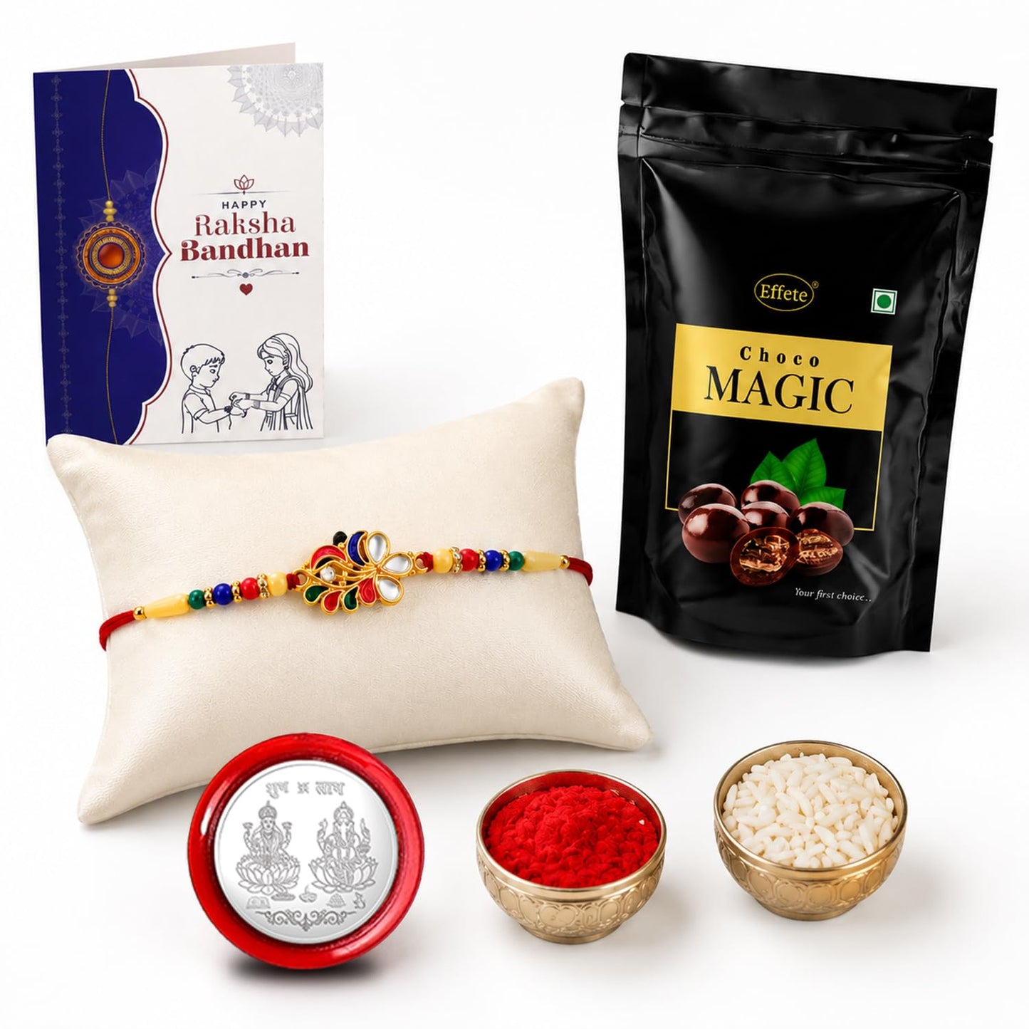 colorful Rakhi for Brother with Choco Magic Pouch, Roli Tikka & Card, Pack of 5
