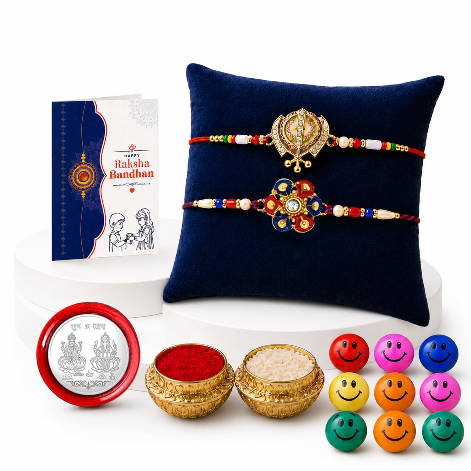 Designer Elegant Multicolor Nishaan Sahab & Flower Rakhi Combo | Pack of 6