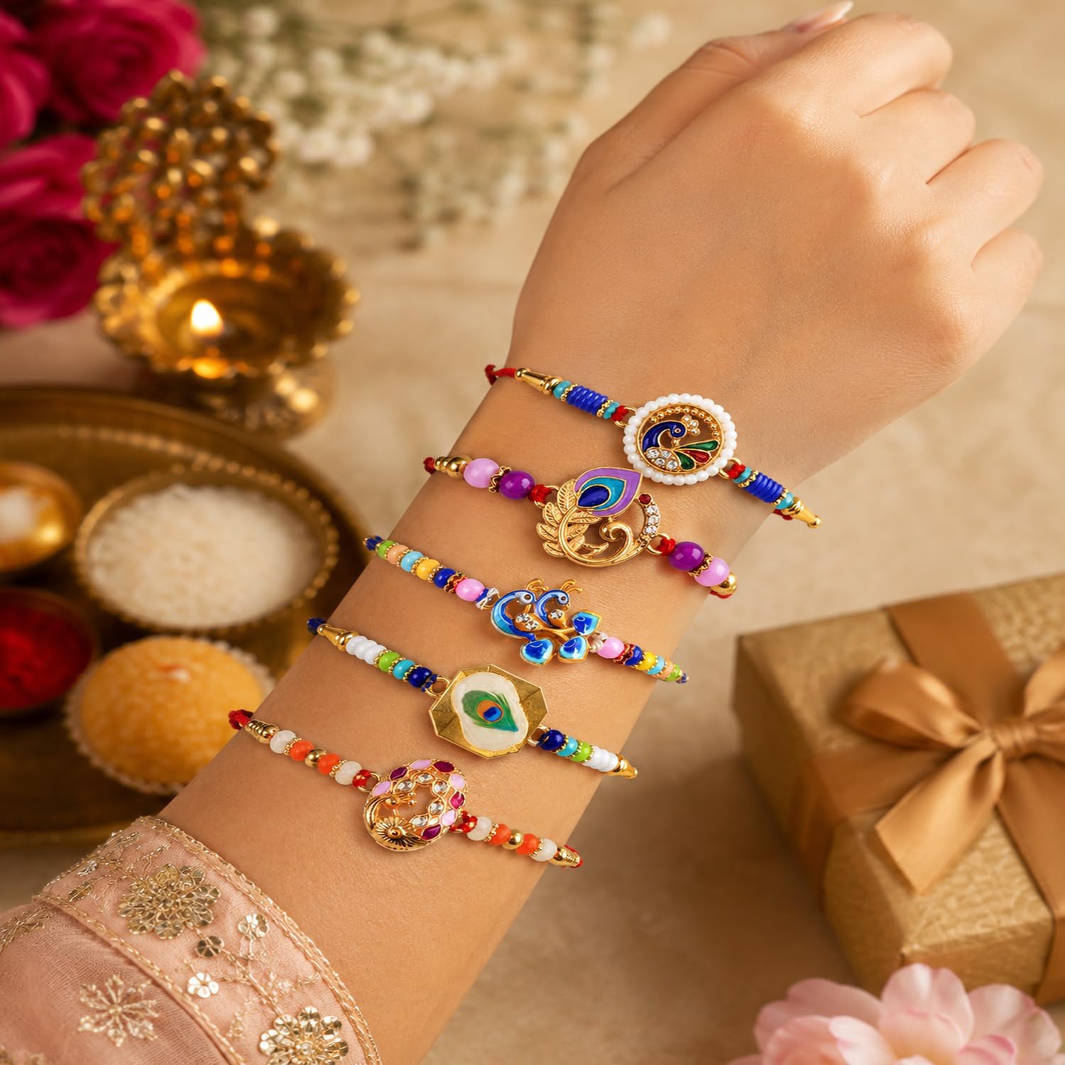 Elegant Dazzling Rakhi for Brother with Roli Tikka, Pooja Coin & Card, Pack of 8