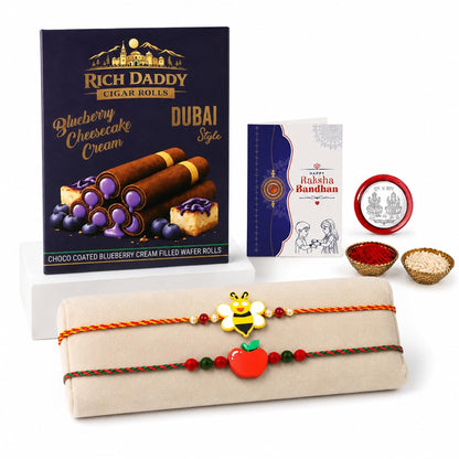 Bee motif Rakhi for Brother with Blueberry Wafer Rolls, Coin & Card, Pack of 6