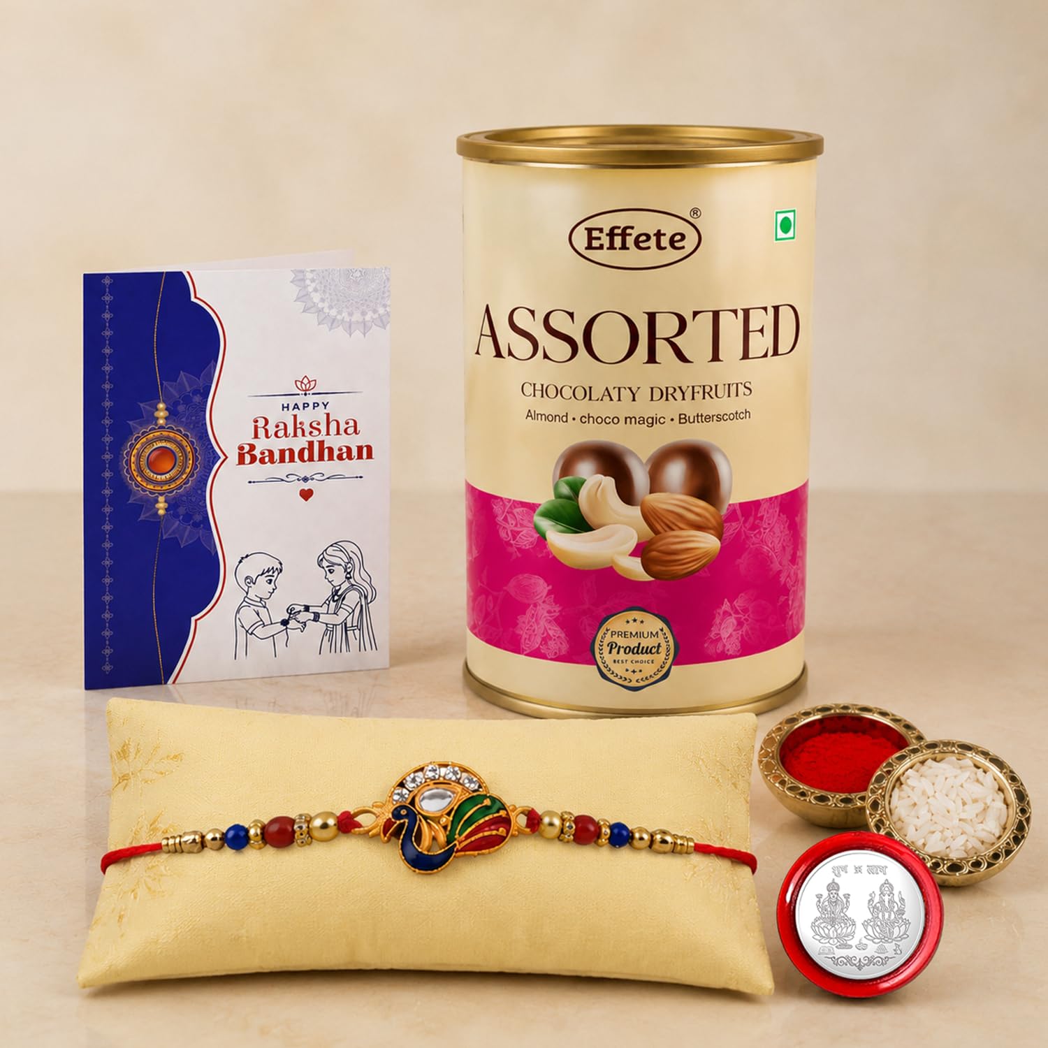 Peacock Rakhi for Brother with Emperor Chocolate, Roli Chawal & Card, Pack of 5
