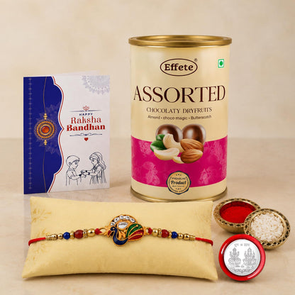 Peacock Rakhi for Brother with Emperor Chocolate, Roli Chawal & Card, Pack of 5