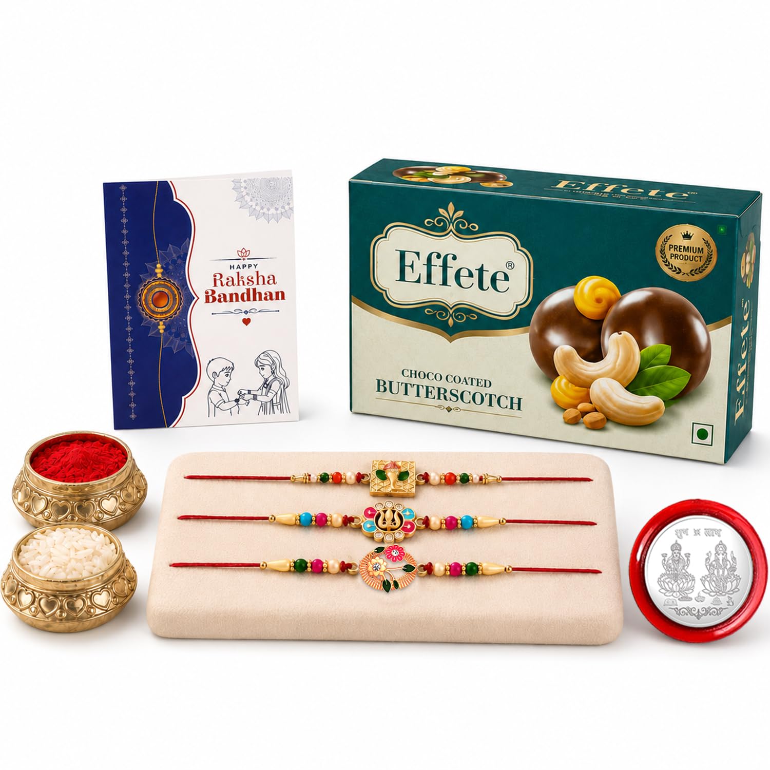 Ganesha Rakhi for Brother with Butter Scotch 32gm, Roli Tikka & Card | Pack of 7
