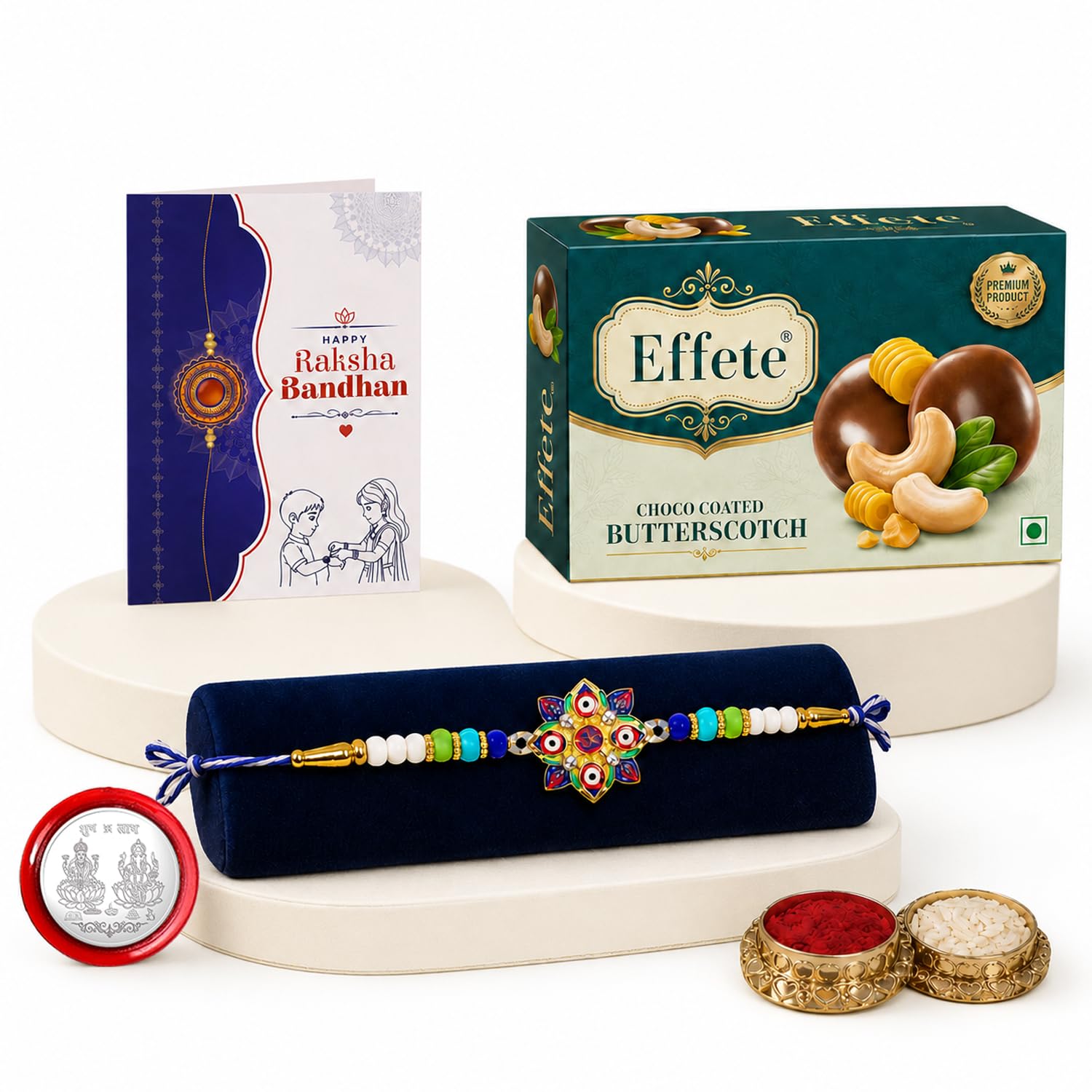 Evil Eye Rakhi for Brother with Butter Scotch 32gm, Roli Tikka & Card | Pack of 5