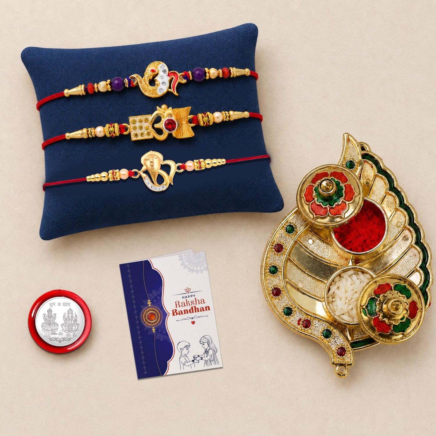 OM Damru, OM Ganesha Multicolor Rakhi for Brother & Bhaiya with Leaf | Pack of 7