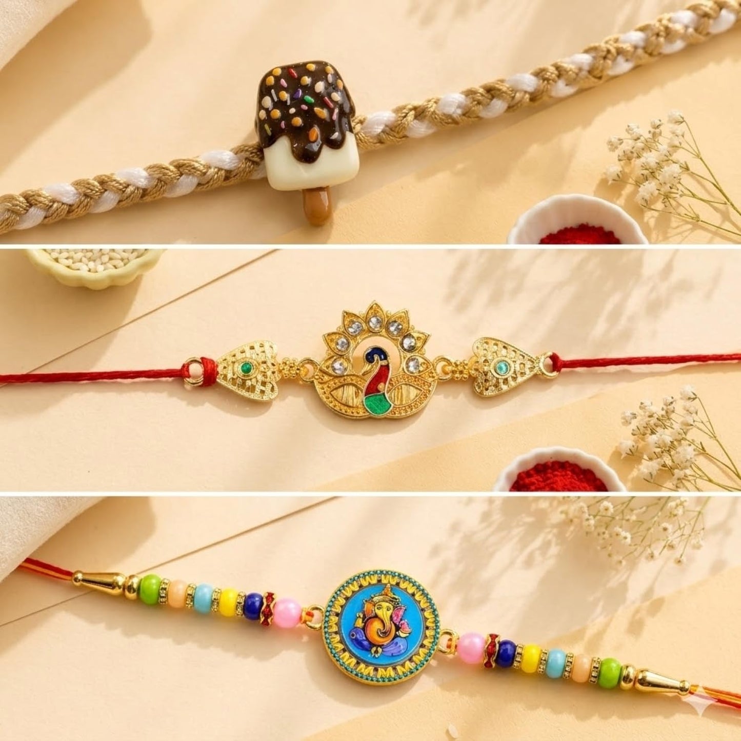 Ganesh Rakhi for Brother with Blueberry Almond 96gm, Roli Tikka & Card, Pack of 7