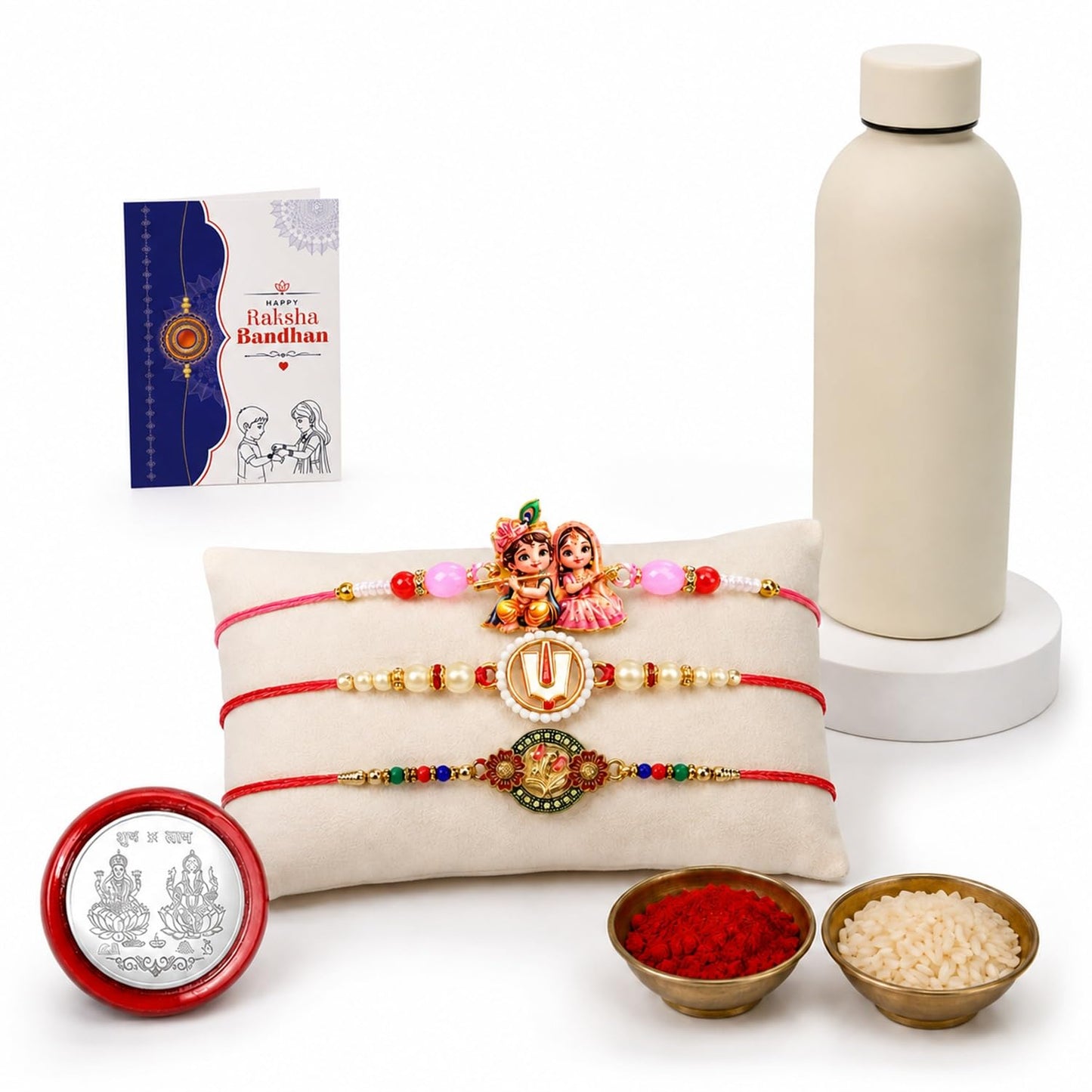 Krishna Radha, Floral Rakhi Combo - Raksha Bandhan Gift with SS Water Bottle 500ml