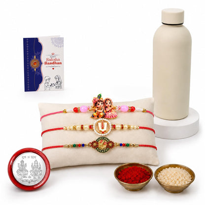 Krishna Radha, Floral Rakhi Combo - Raksha Bandhan Gift with SS Water Bottle 500ml
