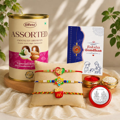 Heart Rakhi for Brother with Emperor Choco, Roli Tikka & Greeting Card, Pack of 7
