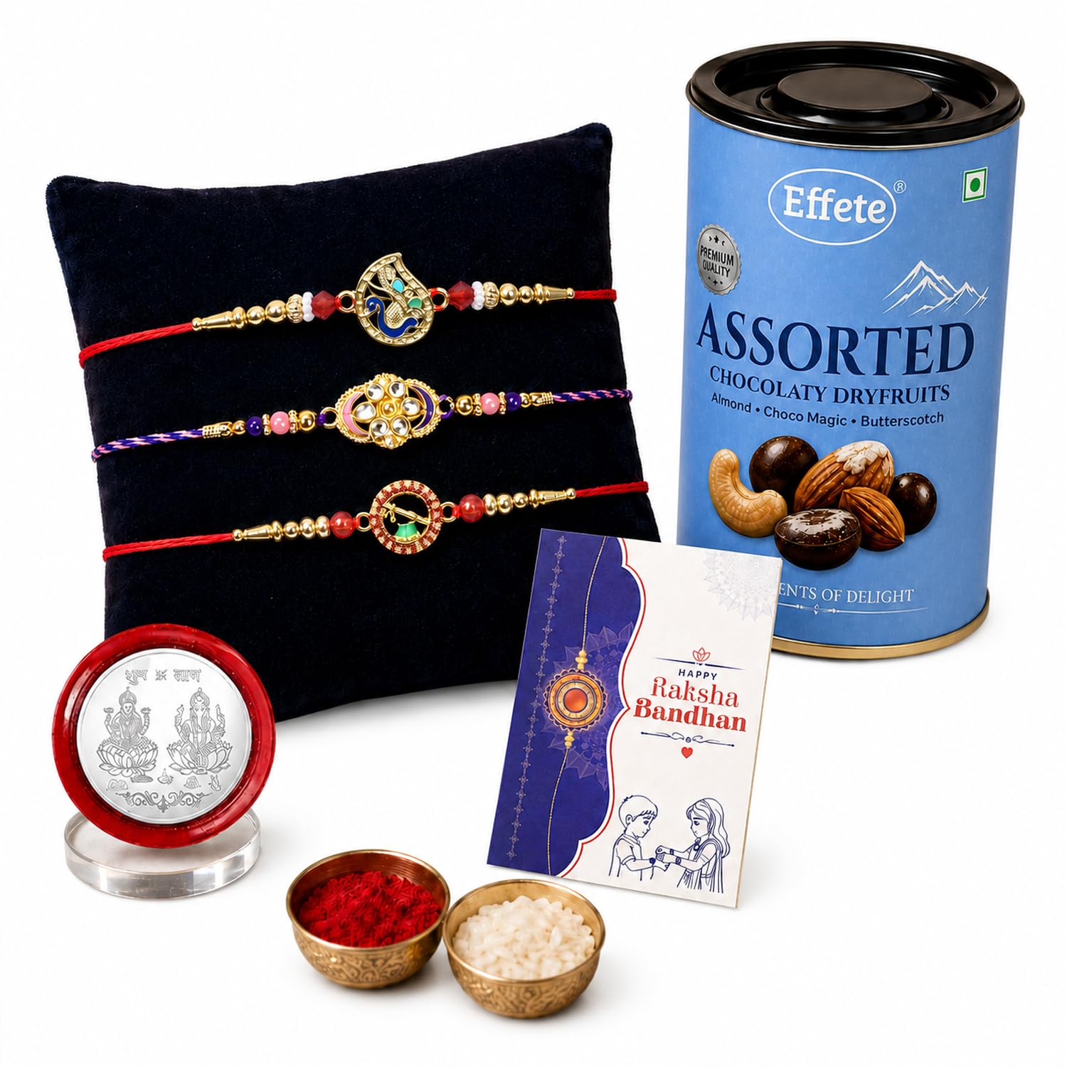 Daisy Kundan Rakhi for Brother with Choco Dryfruits 96gm, Coin & Card, Pack of 7