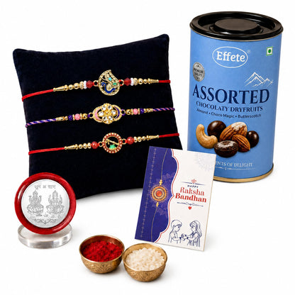 Daisy Kundan Rakhi for Brother with Choco Dryfruits 96gm, Coin & Card, Pack of 7