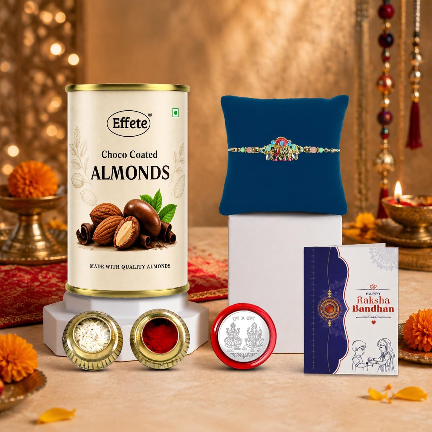 Peacock Rakhi for Brother with Choco Almonds 96gm, Roli Chawal & Card, Pack of 5