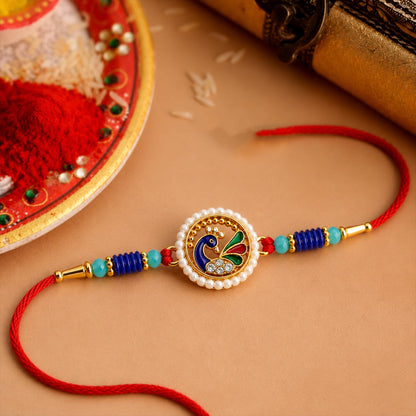 Rakhi with Chocolate for Brother (Set of 7) – Raksha Bandhan Festival Celebration Combo with Evil Eye, Peacock & Food Shape Rakhi, Chocolate, Roli Chawal, Silver Color Coin & Greeting Card