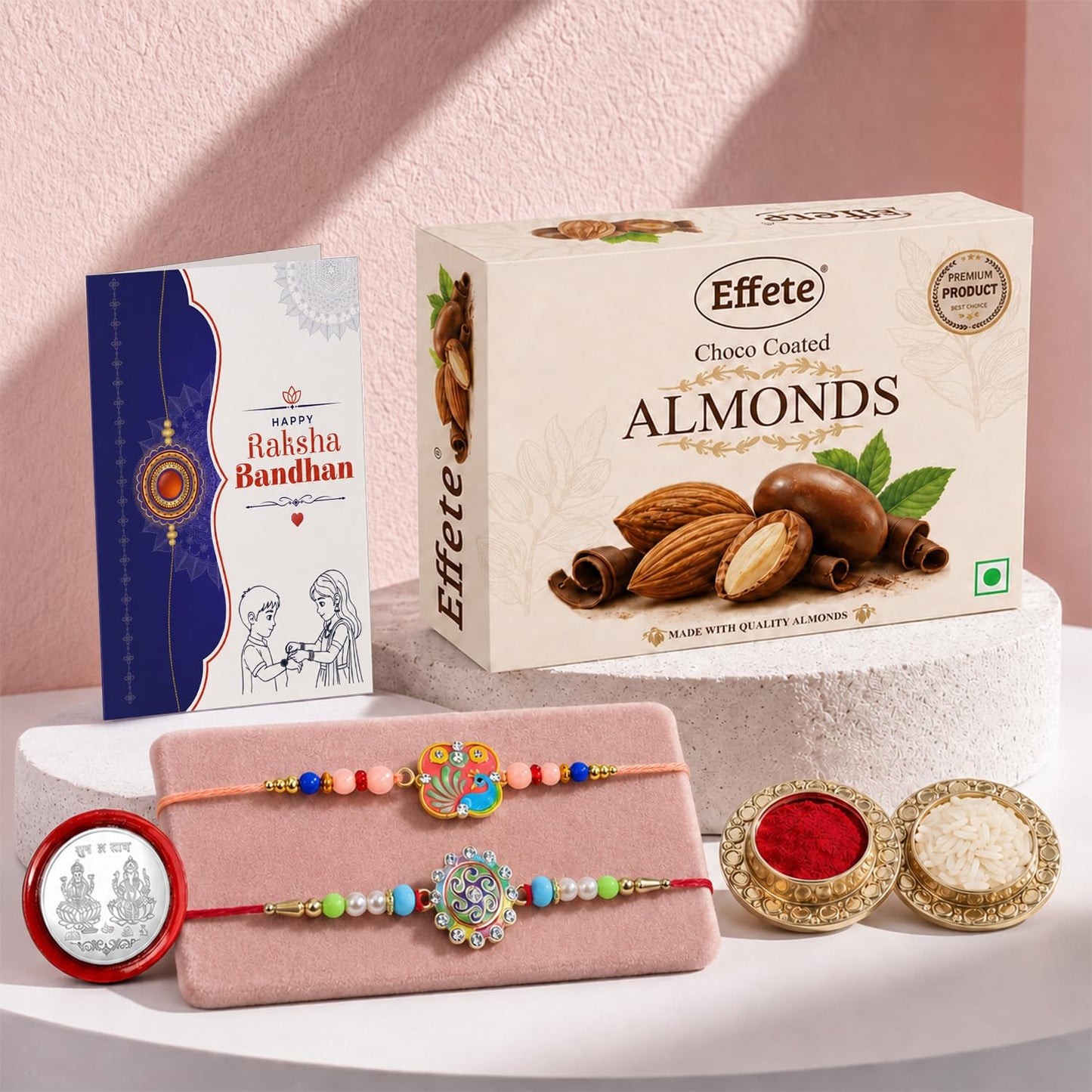Peacock, Round Shape Rakhi Combo - Raksha Bandhan Gift with Choco Almonds 32gm, Pack of 6